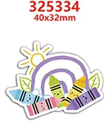 A sticker featuring a yellow sun, a purple rainbow, and several colorful pencils on a white background.