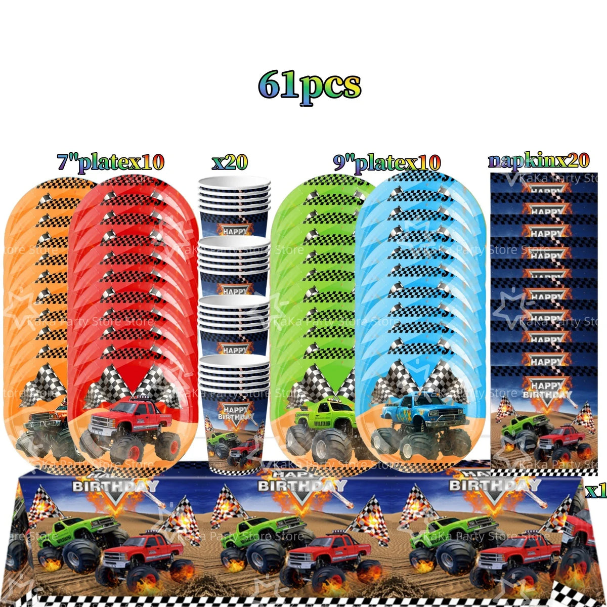 Monster truck birthday party decoration kit featuring a backdrop, tableware, and toy trucks.