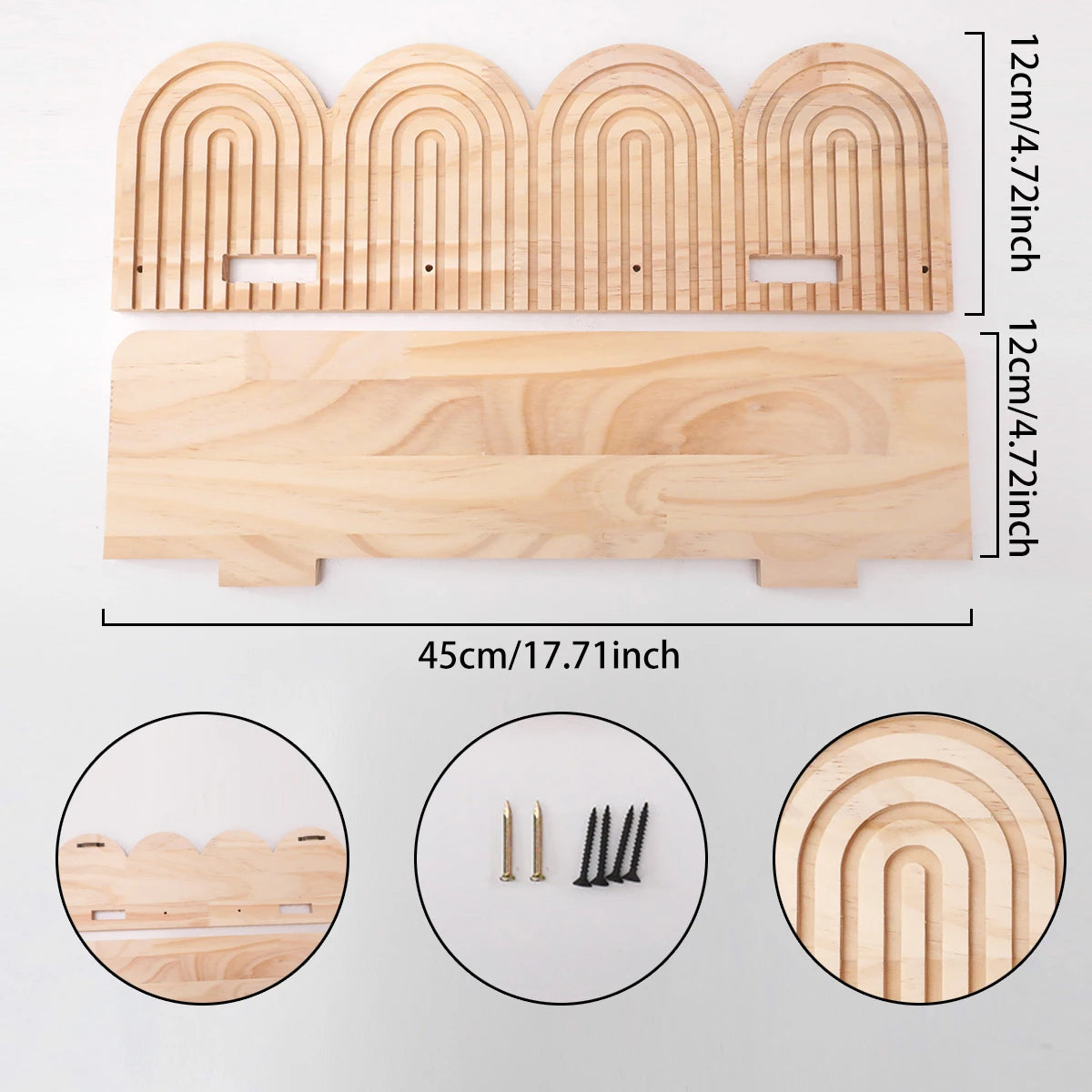 A set of geometric wooden wall shelves featuring arched and vertical slat designs.