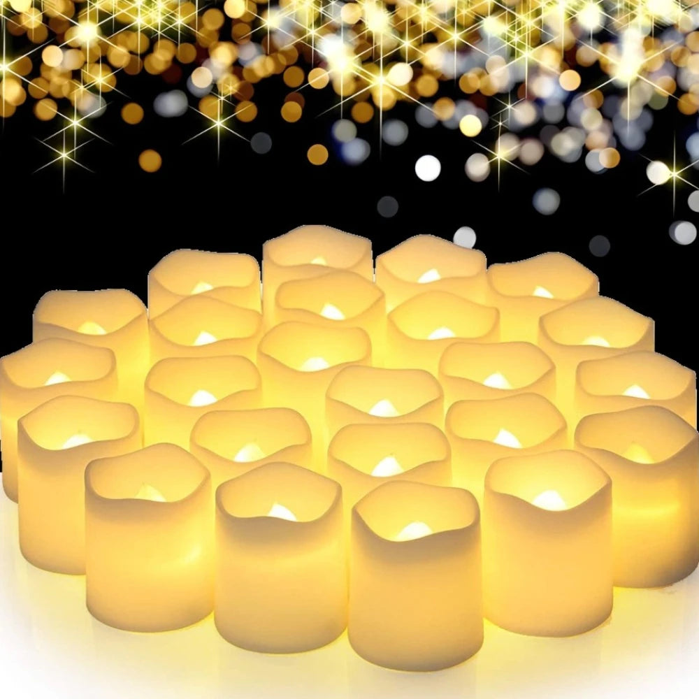 A cluster of glowing yellow LED tea light candles against a dark background with sparkling bokeh lights.