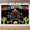 A vibrant banner featuring tacos and tequila elements with a Mexican carnival theme.