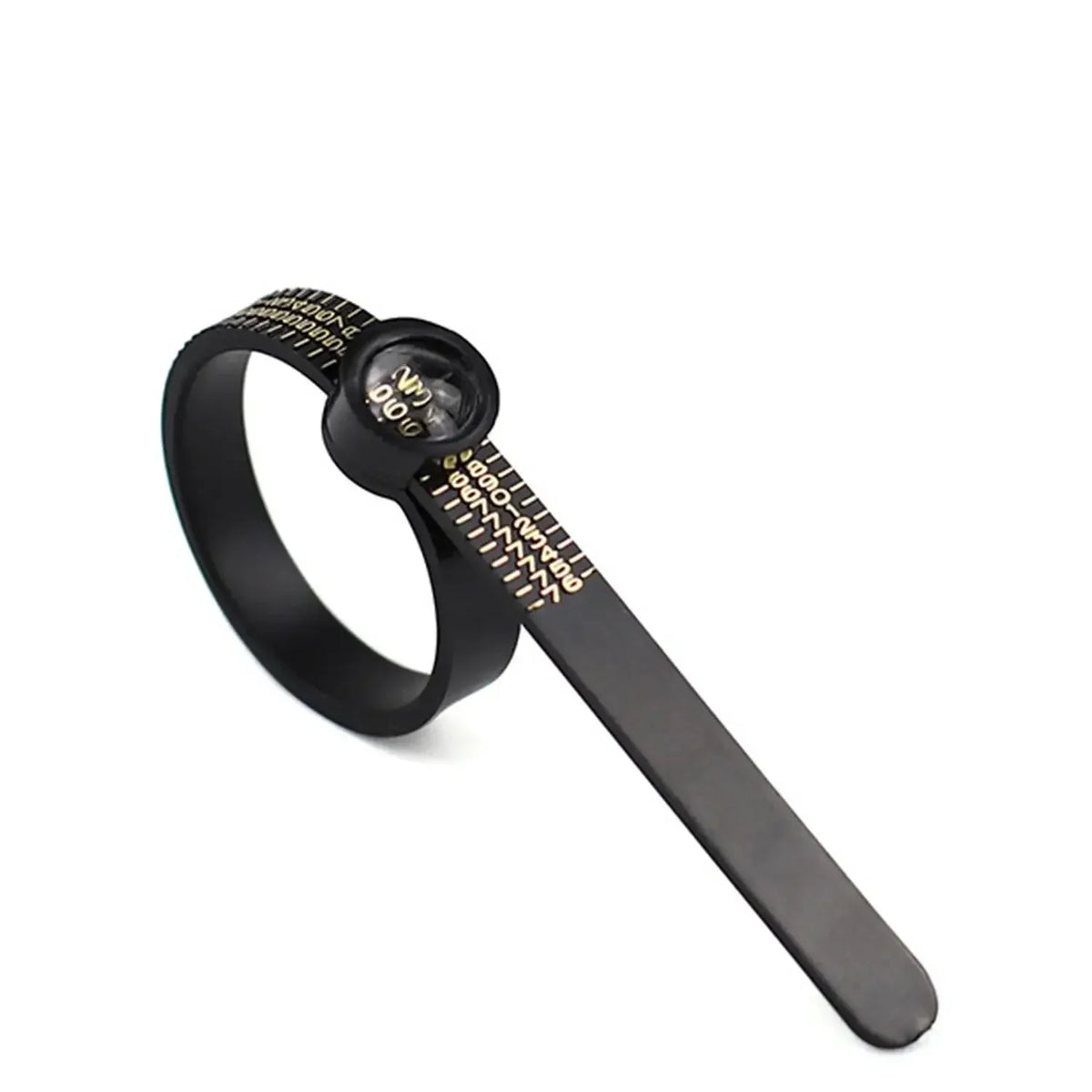 A black adjustable ring sizer with a built-in magnifier and a flat band.