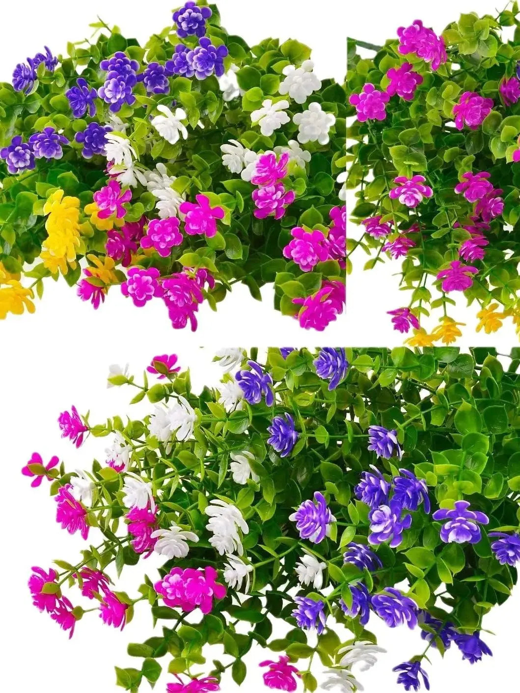 A vibrant arrangement of faux floral plants featuring purple, white, and pink blossoms on green foliage.