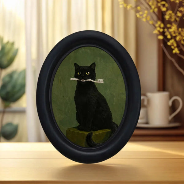 Tableau encadré d'un chat noir regardant droit devant lui, orné d'une brosse à dents.