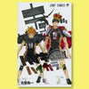 A vertical poster featuring two male characters from Haikyuu anime, set against a white background with black and red accents