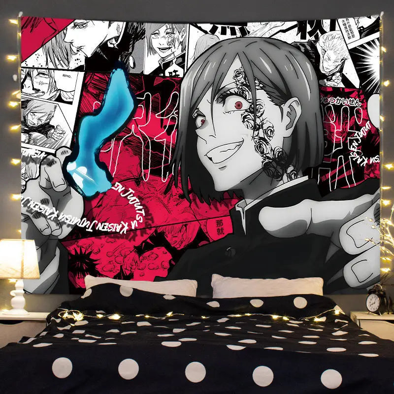 Anime tapestry wall hanging featuring Jujutsu Kaisen Gojo Satoru with glowing blue eyes and dark hair.