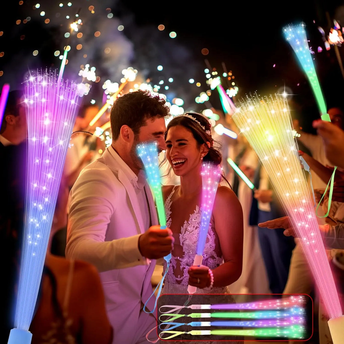 A woman holds an LED fiber optic glow wand with a bright green light in a festive, dark setting.
