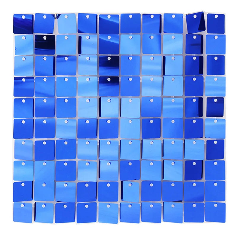 A grid of iridescent blue sequins or panels used as a shimmering backdrop for celebrations.