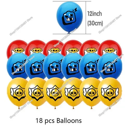 A set of 18 balloons featuring a happy birthday acrylic cake topper with a character design.