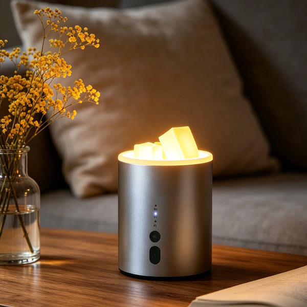 A silver electric candle warmer lamp with a warm glow illuminates several wax melts on a wooden table.