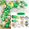 A set of green and white safari jungle balloon garland arch kit with various balloon sizes and glue roll