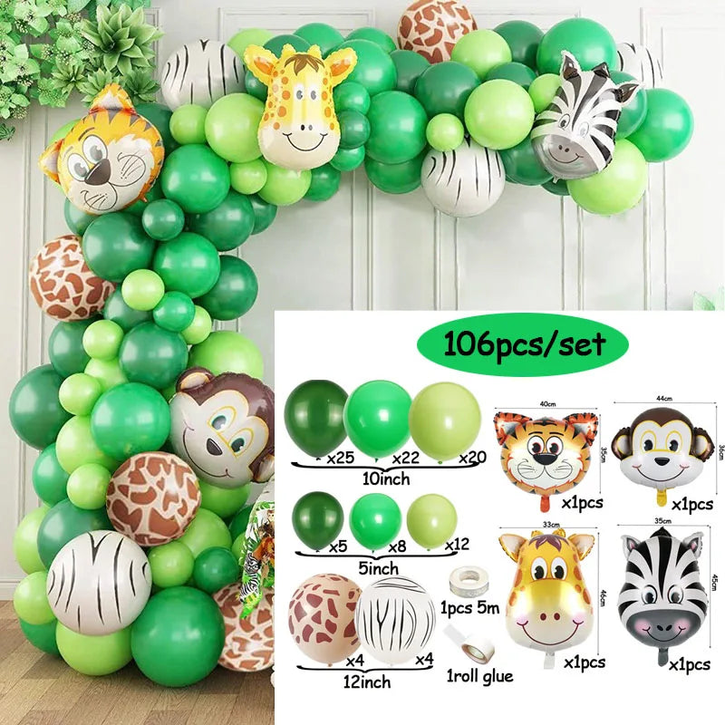 A set of green and white safari jungle balloon garland arch kit with various balloon sizes and glue roll