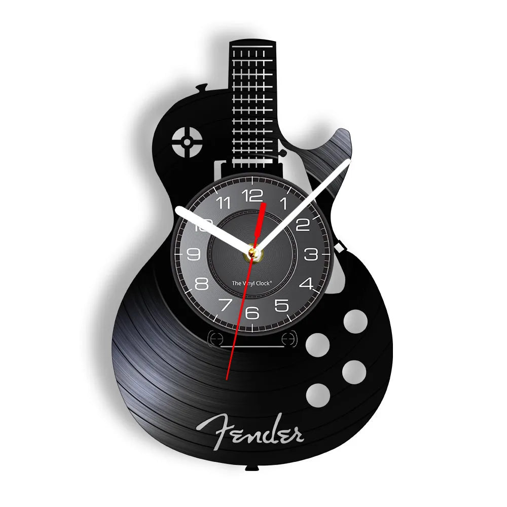 A black wall clock shaped like a vinyl record, featuring a guitar design and clock face.