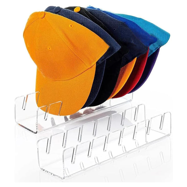 A stack of colorful acrylic baseball caps, including orange, blue, and black, resting in a clear organizer rack.