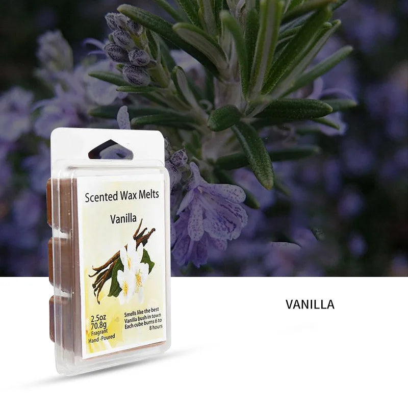 A clear glass jar of vanilla scented wax melts with a label indicating 2.5 oz and a background of purple flowers.