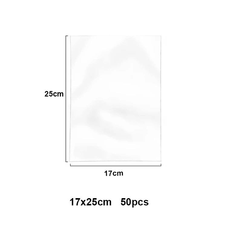 A rectangular sheet of clear cellophane treat bags with wire ties, measuring 17cm by 25cm.