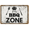 A distressed metal tin sign with the text BBQ ZONE and illustrations of BBQ tools like a spatula and a grill pan.