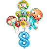 A set of colorful cartoon Cocomelon watermelon foil balloons featuring characters like JJ and others.