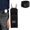 Black lazy belt with a metal hook and elastic waistband shown next to a dark shirt and jeans.