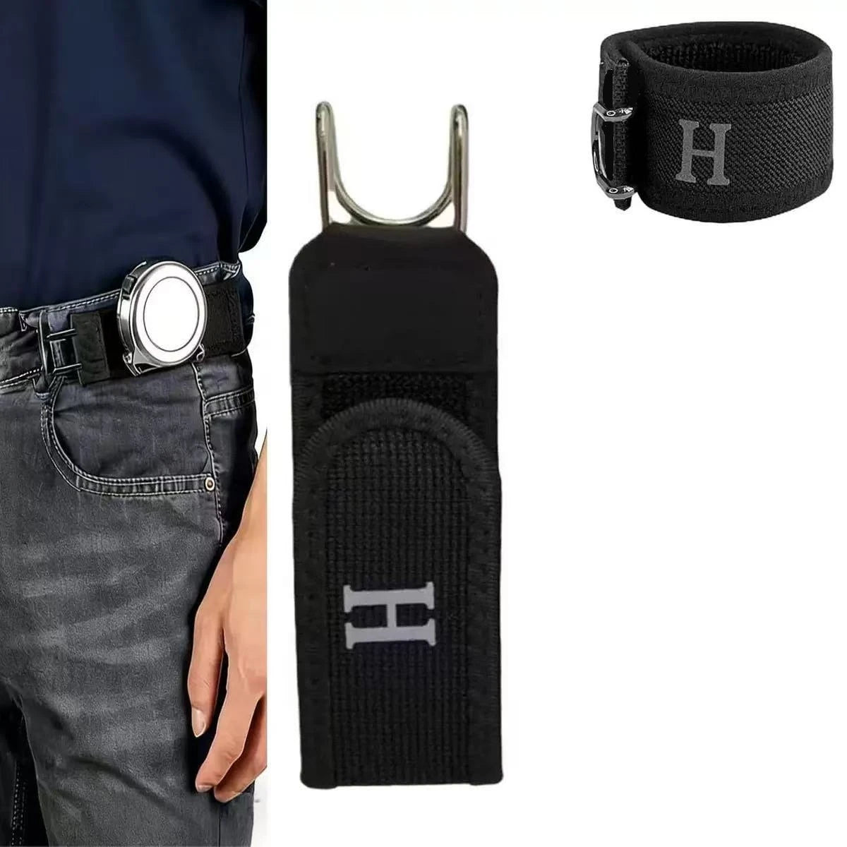 Black lazy belt with a metal hook and elastic waistband shown next to a dark shirt and jeans.