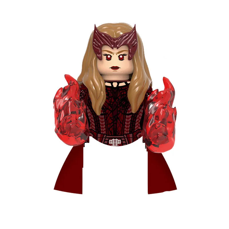 A building block figure of a female horror movie icon with long blonde hair and red armor.