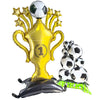 A gold foil balloon shaped like a trophy with golden stars and a soccer ball on top, next to a cluster of white soccer balls.