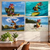A set of three vibrant tapestry prints featuring movie-inspired chickens in various scenic backgrounds.