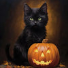 A black cat with glowing green eyes sits next to a carved pumpkin on a dark wooden surface.