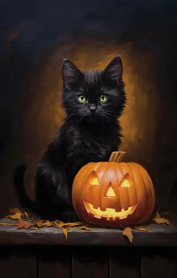 A black cat with glowing green eyes sits next to a carved pumpkin on a dark wooden surface.