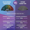 Comparison graphic showing a Sojourner Rave Fan versus an Other Hand Fan based on durability and quality ratings.