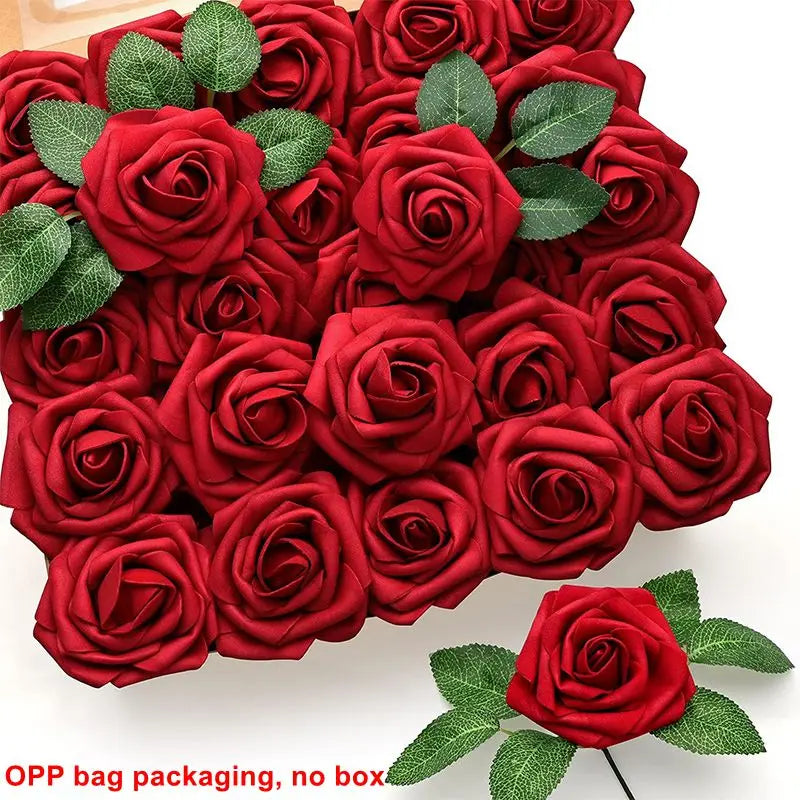A dense arrangement of deep red foam rose flowers with green leaves.