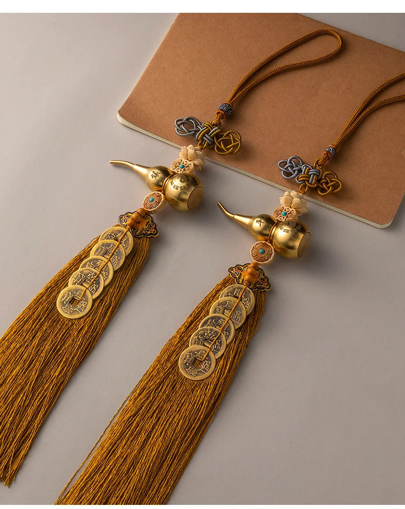 Brass gourd and five emperor coins hanging ornament with golden threads