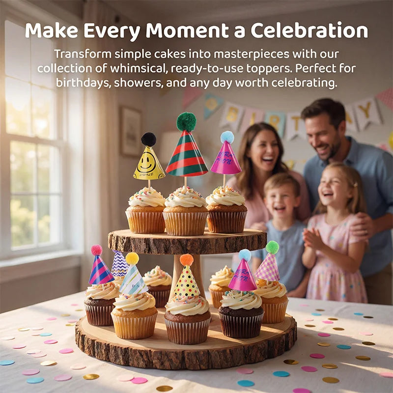 A collection of whimsical, ready-to-use mini birthday cake toppers displayed on a wooden platter with children celebrating.