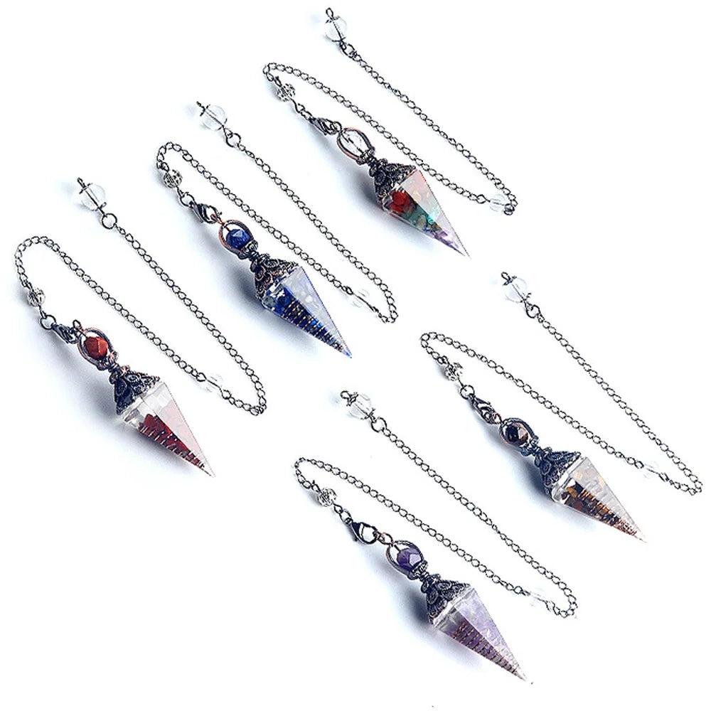 A set of natural crystal pendulum necklaces featuring faceted, multicolored pendants on silver chains.