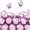 A close-up view of a 50 pack of chrome metallic pink and purple balloons floating against a white background.