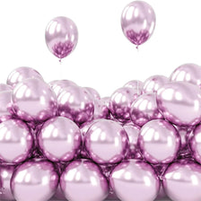 A close-up view of a 50 pack of chrome metallic pink and purple balloons floating against a white background.
