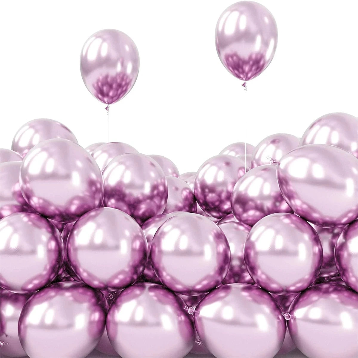 A close-up view of a 50 pack of chrome metallic pink and purple balloons floating against a white background.