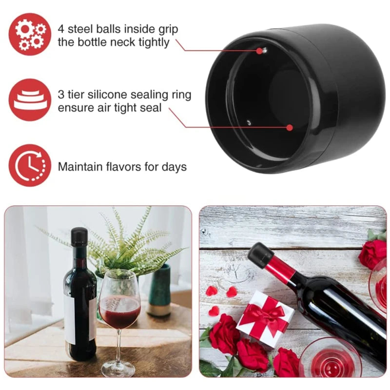 Black reusable silicone wine bottle stopper with a rotating lock and four steel balls inside.