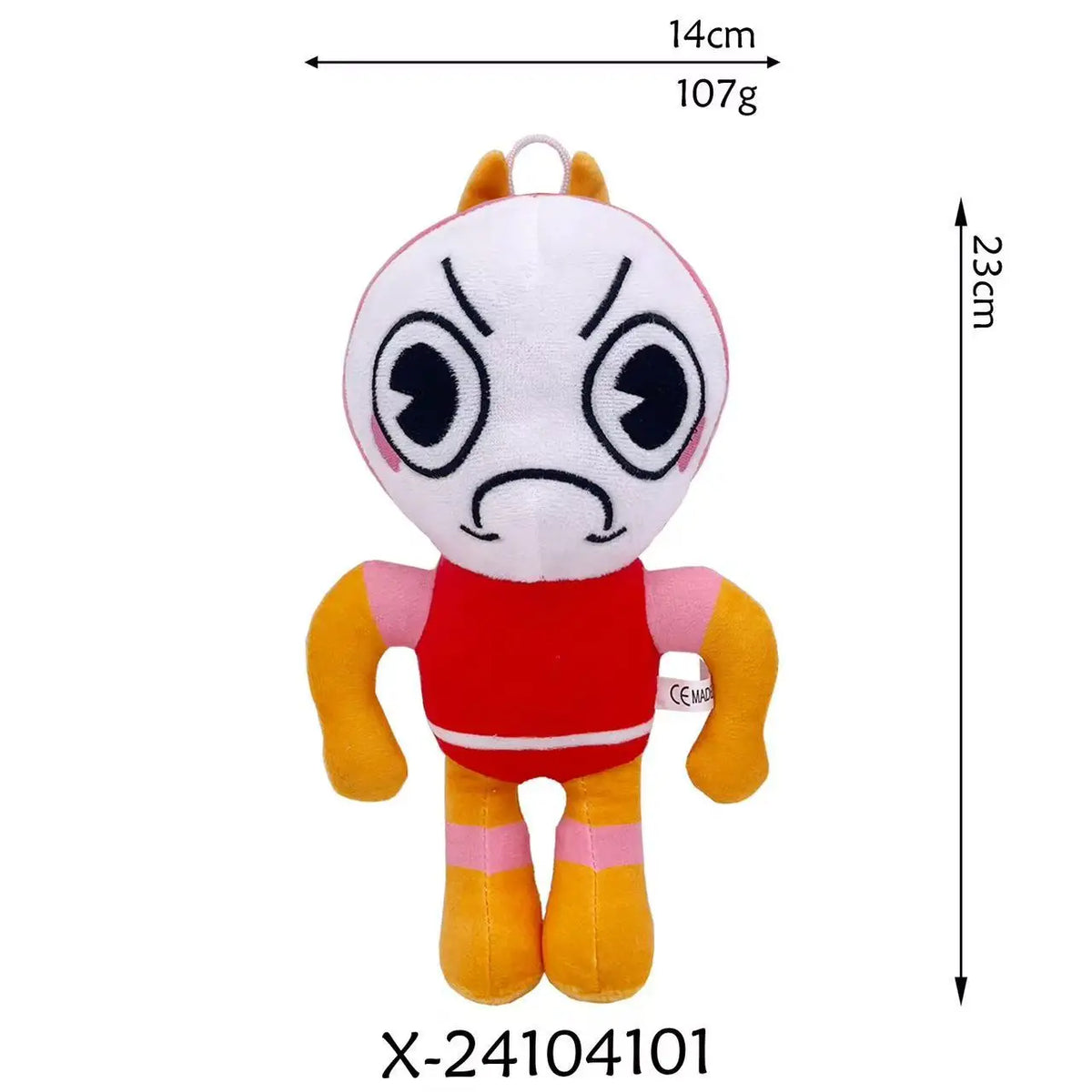 A white plush toy resembling a fierce character with red and yellow accents.