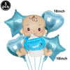 A cluster of light blue foil balloons shaped like stars and hearts, featuring a baby face design.
