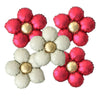 A set of five matte foil balloons in red and pink daisy designs.