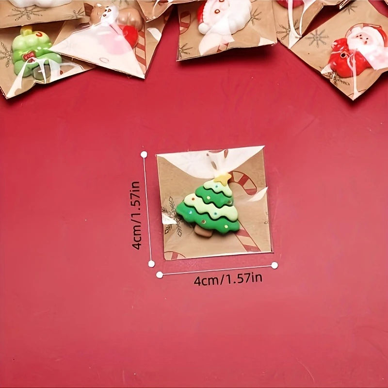 Assorted Christmas resin fridge magnets featuring Santa, snowman, and tree designs on kraft paper