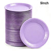 A stack of purple disposable paper plates and a single plate are shown.