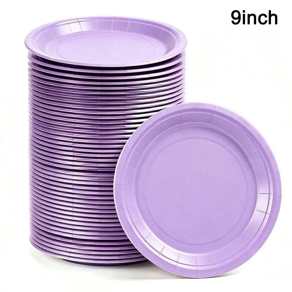 A stack of purple disposable paper plates and a single plate are shown.