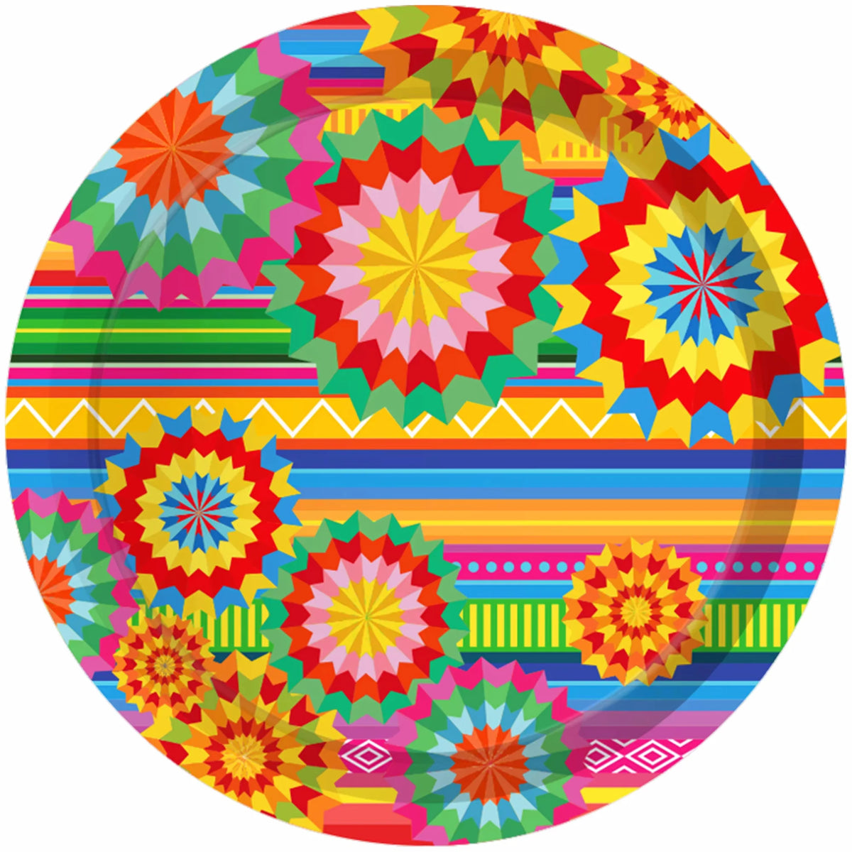 A colorful plate featuring a vibrant, geometric pattern in shades of red, orange, yellow, green, and blue.