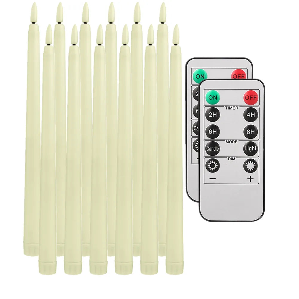 A set of six cream-colored flamless taper candles and a remote control with timer and light settings.