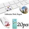 A set of blank sublimation magnets featuring various designs, including a dog and a Christmas theme, displayed next to a refr