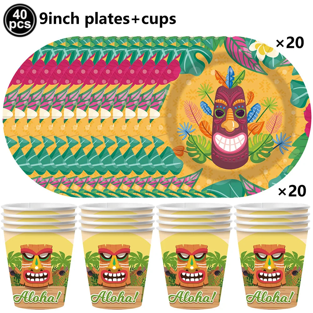 Set of 40 9 inch plates and cups featuring a vibrant Hawaiian luau design