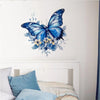 A watercolor painting of a blue butterfly with yellow flowers on a white wall.