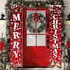 A festive red door banner decorated with Christmas wreaths and holiday greetings surrounded by evergreen garlands.